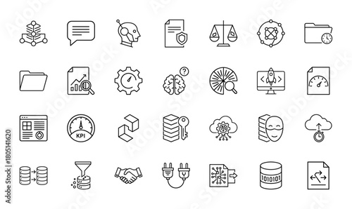 Data science and artificial intelligence line icon set. Vector pictograms of robot head, data chart, cloud, security, brain, database, KPI gauge, handshake, and network, thin linear illustration.
