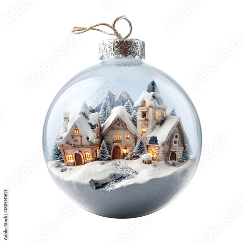 Vintage glass Christmas bauble with snowy village scene, winter holiday ornament PNG, festive decor for greeting cards