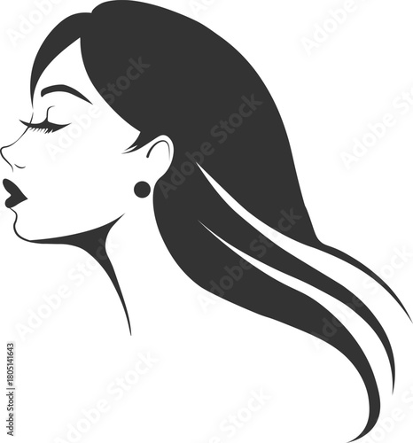 Elegant black-and-white silhouette illustration of a woman's profile with flowing hair, isolated on a white background