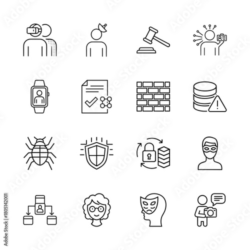 Digital security and identity line icon set. Vector pictograms of VR headset, gavel, smartwatch, firewall, bug, shield, hacker, and mask, thin linear illustration.