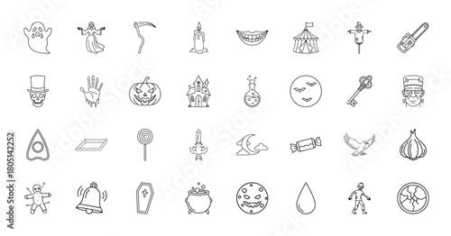 Halloween line icon set. Vector pictograms of ghost, witch, pumpkin, haunted house, Frankenstein, zombie, skull, and cauldron, thin linear illustration.