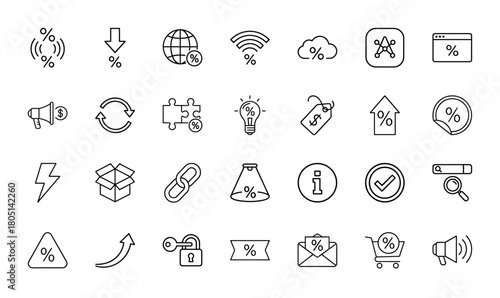 Marketing and sales line icon set. Vector pictograms of megaphone, globe, refresh arrows, lightbulb, price tag, shopping cart, browser, and cloud, thin linear illustration.