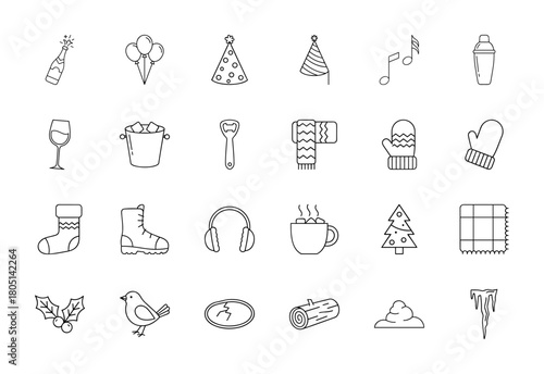 Winter holiday celebration line icon set. Vector pictograms of champagne, balloons, party hats, music notes, mittens, hot chocolate, Christmas tree, and holly, thin linear illustration.