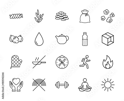 Lifestyle and wellness line icon set. Vector pictograms of pasta, grain, cookies, flour, chickpeas, water, teapot, oven mitt, running, dumbbell, yoga, heart, and sun, thin linear illustration.