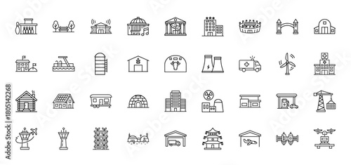 Places and buildings line icon set. Vector pictograms of hotel, hospital, factory, stadium, bridge, airport tower, gas station, windmill, ambulance, barn, and drone, thin linear illustration.