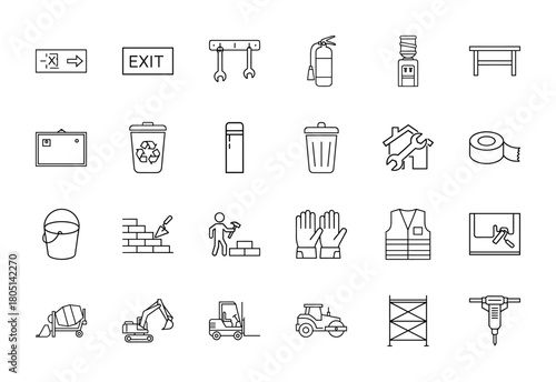 Construction and workplace safety line icon set. Vector pictograms of exit signs, fire extinguisher, wrenches, excavator, safety vest, bricks, tools, and repair, thin linear illustration.