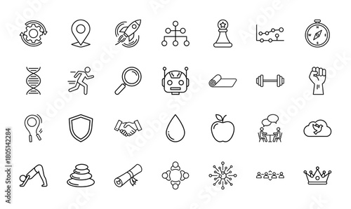 General purpose line icon set. Vector pictograms of gear, location, rocket, robot, DNA, shield, handshake, apple, and crown, thin linear illustration.
