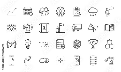 Business and technology line icon set. Vector pictograms of growth, planning, teamwork, strategy, finance, innovation, protection, cybersecurity, and automation, thin linear illustration.