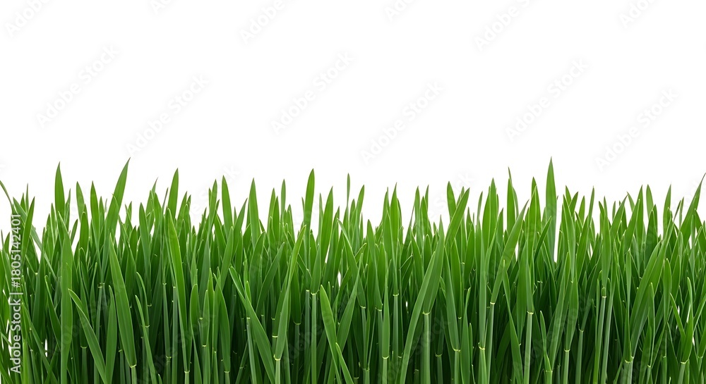Fototapeta premium Lush green grass with dew drops isolated on white background, representing freshness and vitality