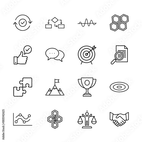 Business strategy line icon set. Vector pictograms of process, flowchart, data, communication, target, document, puzzle, trophy, and handshake, thin linear illustration.