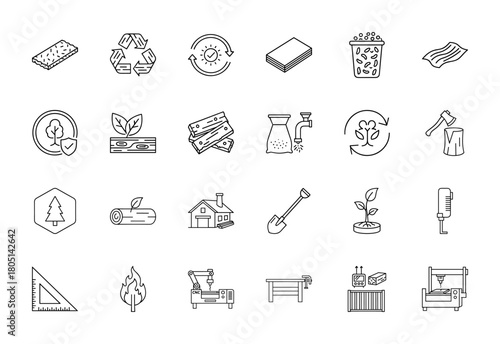 Forestry and woodworking line icon set. Vector pictograms of wood planks, recycling, tree protection, logs, axe, shovel, sprout, and CNC machines, thin linear illustration.