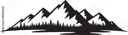 Black silhouette of jagged mountains with pine trees and water mountain range peaks