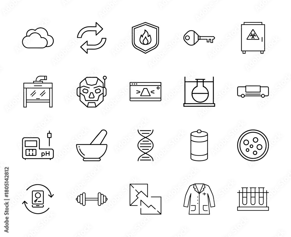 Fototapeta premium Science, technology, and security line icon set. Vector pictograms of cloud, robot, DNA, laboratory equipment, data synchronization, shield, thin linear illustration.