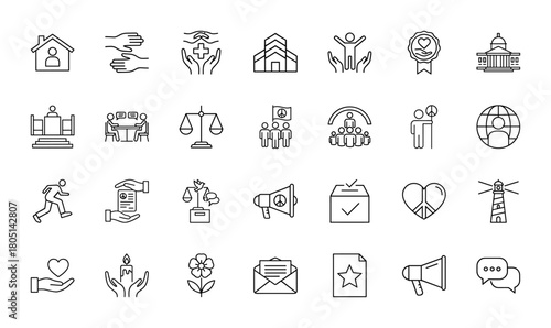 Social justice, human rights, and peace line icon set. Vector pictograms of home, helping hands, government, justice scales, protest, voting, peace heart, and lighthouse, thin linear illustration.