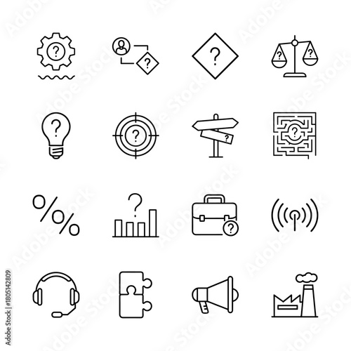 Business challenge and strategy line icon set. Vector pictograms of questions, ideas, decisions, communication, support, and problem-solving elements, thin linear illustration.
