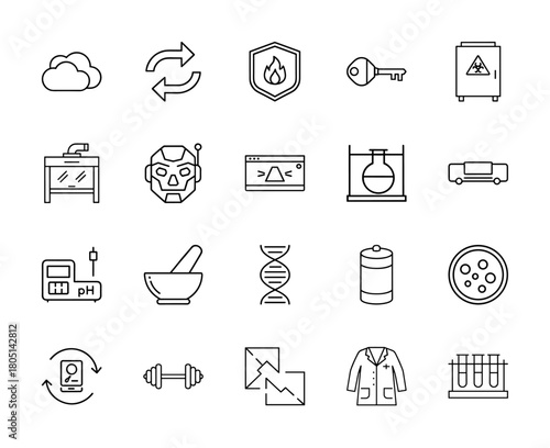 Science, technology, and security line icon set. Vector pictograms of cloud, robot, DNA, laboratory equipment, data synchronization, shield, thin linear illustration.