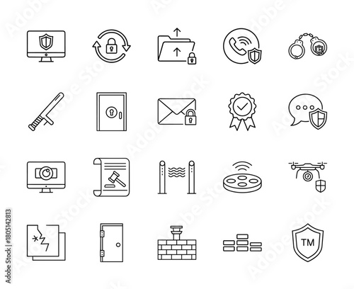 Security line icon set. Vector pictograms of computer, secure folder, phone, handcuffs, baton, email, legal scroll, drone, firewall, and trademark shield, thin linear illustration.