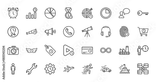 Business and technology line icon set. Vector pictograms of alarm, charts, target, phone, headphones, shopping, travel, and various concepts, thin linear illustration.