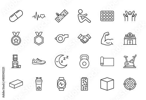 Fitness and wellness line icon set. Vector pictograms of exercise equipment, healthy food, sleep, sports awards, and medical elements, thin linear illustration.