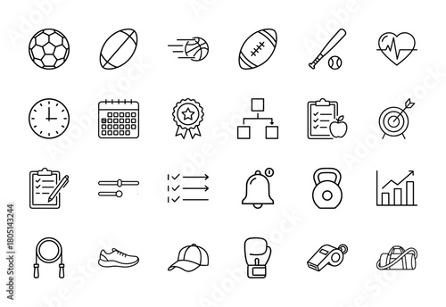 Sports, fitness, and activity line icon set. Vector pictograms of various sports equipment, health monitoring, scheduling, and planning elements, thin linear illustration.