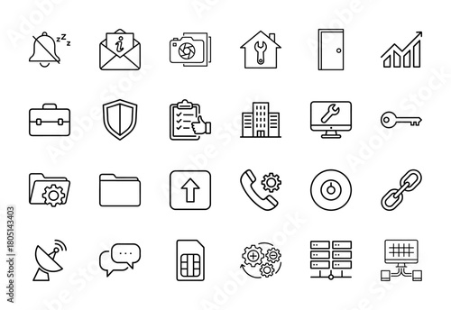 Universal utility line icon set. Vector pictograms of notification, mail, camera, house, chart, briefcase, shield, building, and network, thin linear illustration.