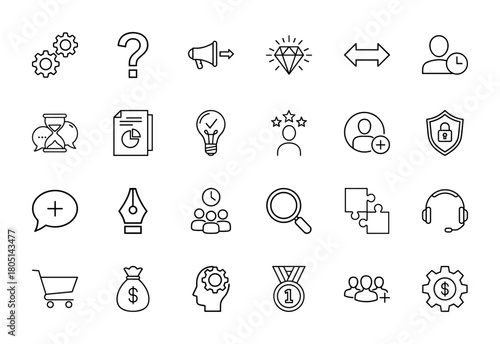 Business management line icon set. Vector pictograms of gears, question mark, megaphone, document, lightbulb, shield, shopping cart, money bag, and headphones, thin linear illustration.