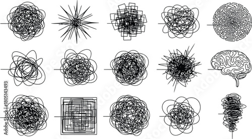 Collection of abstract black ink scribbles and chaotic lines