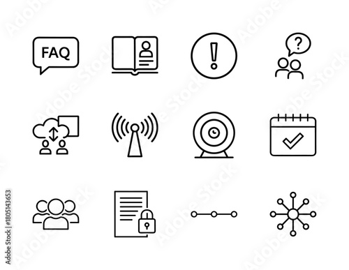 Communication and technology line icon set. Vector pictograms of FAQ, profile, warning, questions, cloud, wireless, webcam, calendar, team, document, timeline, and network, thin linear illustration.