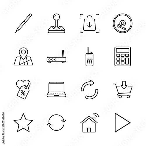 Technology and internet line icon set. Vector pictograms of pen, joystick, bag, drive, map, router, laptop, and calculator, thin linear illustration.