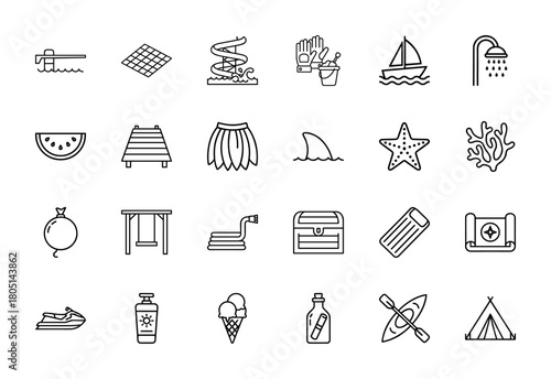 Beach and vacation line icon set. Vector pictograms of diving board, waterslide, sailboat, watermelon, pier, shark, jet ski, sunscreen, kayak, thin linear illustration.