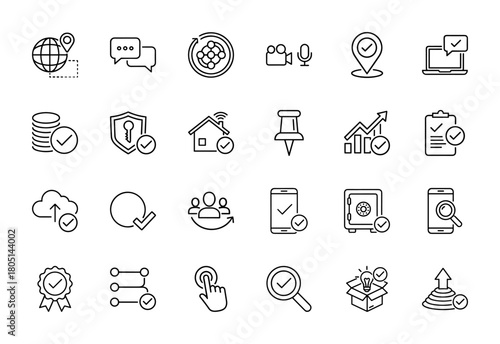 Approval and verification line icon set. Vector pictograms of global location, chat, camera, laptop, coins, security, smart home, chart, and cloud, thin linear illustration.