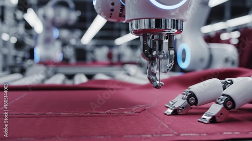 A robotic arm is sewing a straight stitch on red fabric in a modern hightech industrial setting
