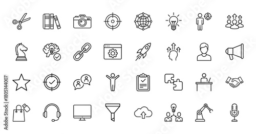 Business and technology line icon set. Vector pictograms of scissors, camera, globe, lightbulb, rocket, brain, checklist, handshake, headphones, robotic arm, thin linear illustration.
