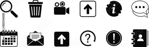 User interface icons, black white symbols, search, delete, video, upload, settings, chat, calendar, email, help, alert, contacts