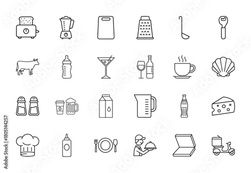 Food and kitchen line icon set. Vector pictograms of toaster, blender, grater, coffee cup, chef hat, wine, pizza box, delivery scooter, and baby bottle, thin linear illustration.