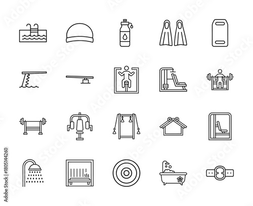 Fitness and recreation line icon set. Vector pictograms of swimming pool, gym equipment, sauna, shower, flippers, water bottle, barbell, and weight belt, thin linear illustration.