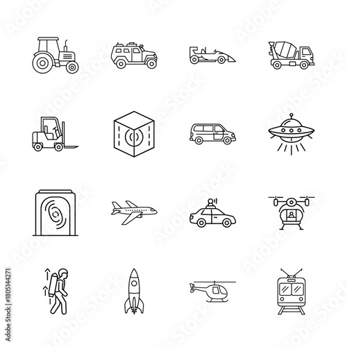 Diverse transportation and future technology line icon set. Vector pictograms of land, air, and space vehicles, thin linear illustration.