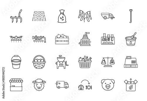Agriculture and farming line icon set. Vector pictograms of cultivation tools, irrigation, harvested produce, market stalls, farm animals, and food processing, thin linear illustration.