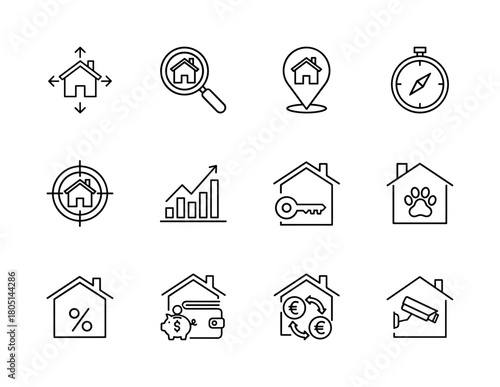 Real estate line icon set. Vector pictograms of house, search, location, key, percentage, growth, finance, security, and pets, thin linear illustration.