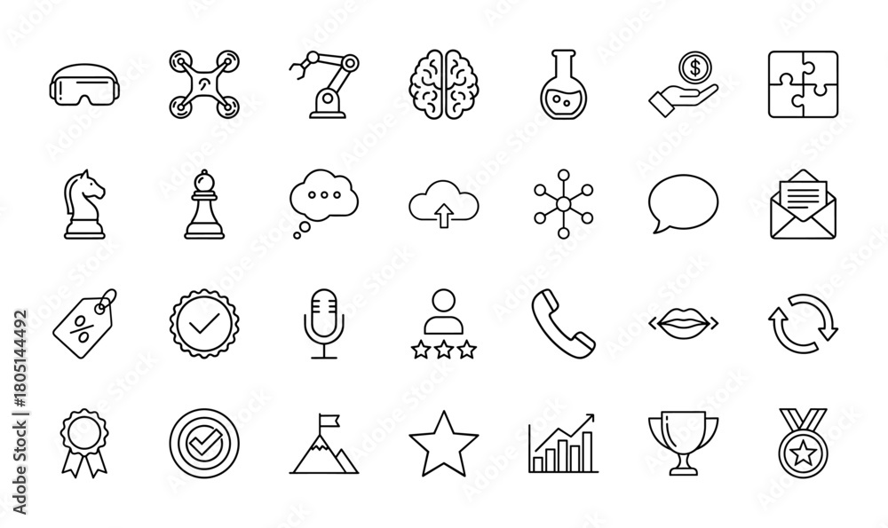Fototapeta premium Digital technology and business concept line icon set. Vector pictograms of VR headset, drone, robotic arm, brain, money, chess, cloud, microphone, chart, and trophy, thin linear illustration.