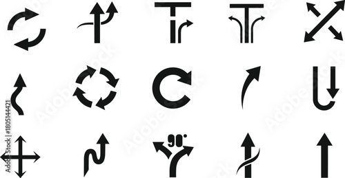 Collection of black directional arrows icons on white background