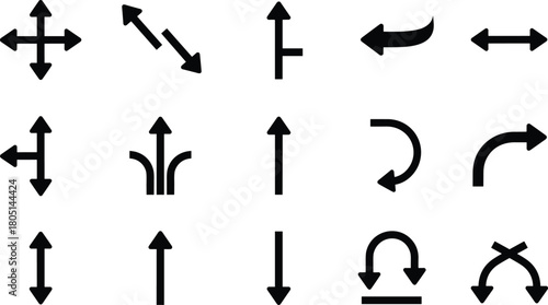 Collection of black arrows and directional symbols on white background