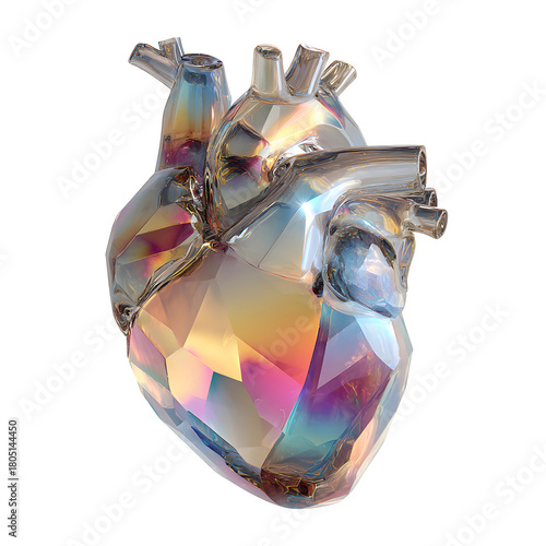 Holographic glass human heart anatomy PNG, iridescent transparent 3D organ illustration for medical design, futuristic concept art