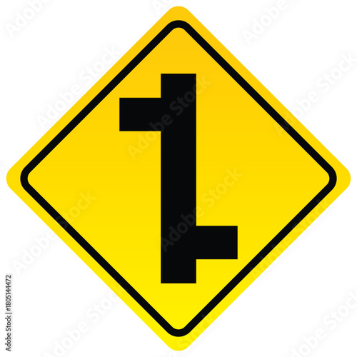 T intersection road sign yellow diamond shape vector traffic warning for drivers