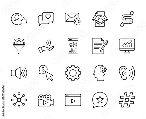 Digital marketing line icon set. Vector pictograms of social engagement, email, analytics, partnerships, lead generation, strategy, and media content, thin linear illustration.