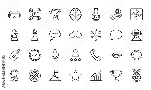 Digital technology and business concept line icon set. Vector pictograms of VR headset, drone, robotic arm, brain, money, chess, cloud, microphone, chart, and trophy, thin linear illustration.