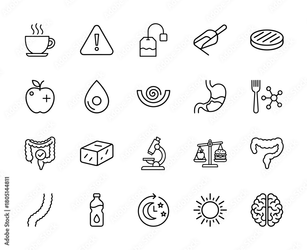 Fototapeta premium Nutrition and digestion line icon set. Vector pictograms of apple, stomach, intestine, brain, microscope, balance, tea, and water, thin linear illustration.
