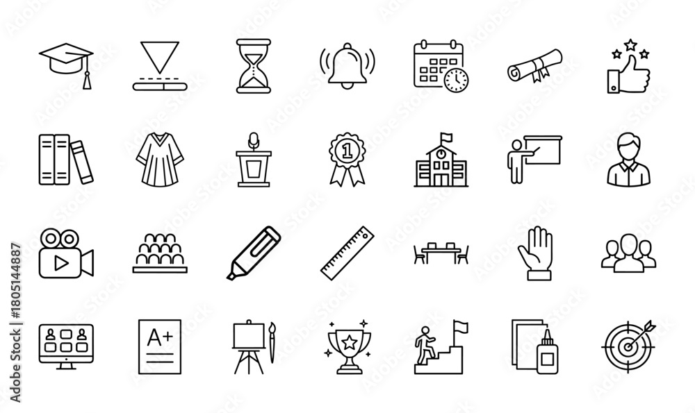 Fototapeta premium Education line icon set. Vector pictograms of graduation cap, books, diploma, school building, teacher, student, online learning, trophy, calendar, and marker, thin linear illustration.