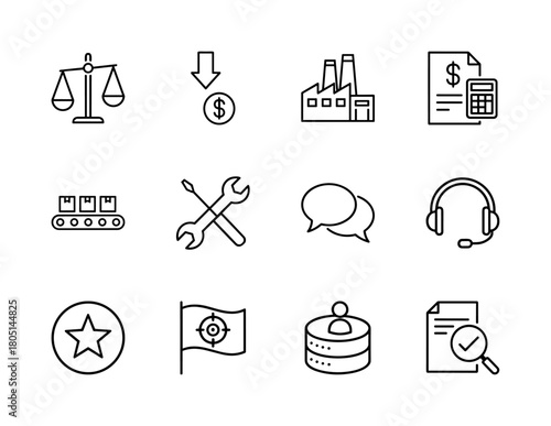 Business and industry line icon set. Vector pictograms of scales, factory, invoice, conveyor, tools, chat, headphones, and server, thin linear illustration.