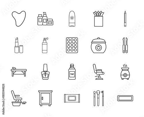 Beauty line icon set. Vector pictograms of gua sha, skincare, sunscreen, lipstick, wax warmer, massage bed, nail polish, salon chair, and makeup brushes, thin linear illustration.
